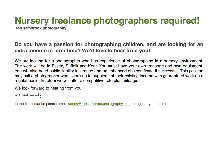 nursery freelance photographer required