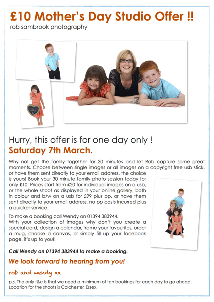 £10 Mother's Day Studio offer