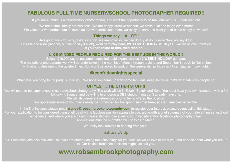 nursery/school photographer required.